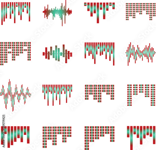 Collection of digital sound wave icons and colorful audio equalizer frequency bars in red and teal for music production and electronic data visualization.