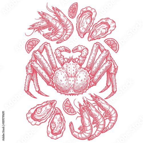 A seafood set with crab, shrimp, oysters, and lemon. Vector illustration in a detailed vintage engraving style. Perfect for a restaurant menu or market.