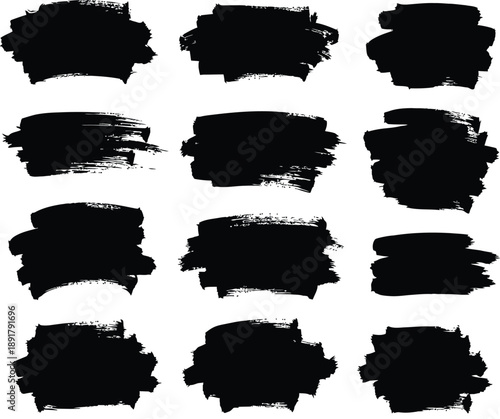 Set of black ink brush strokes and artistic grunge paint texture elements isolated on white background