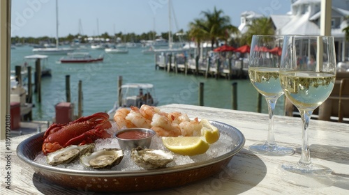 Seafood platter and wine served at a waterfront restaurant with boats.