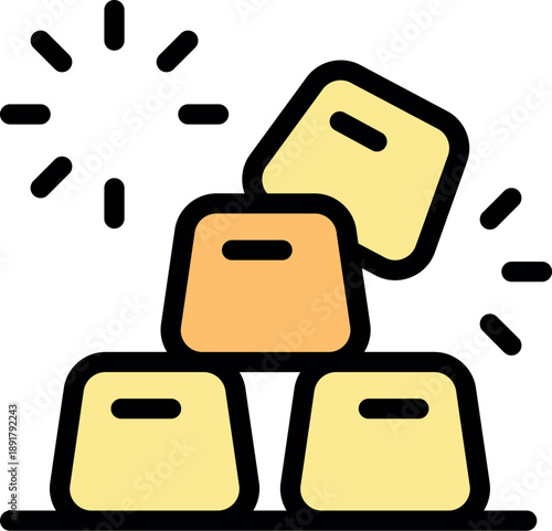 Gold bars stacked on each other, with one falling and creating sparkles and a flashing light effect, symbolizing investment, finance, and wealth