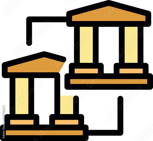 Simple and colorful bank transfer icon representing the movement of funds between two banking institutions