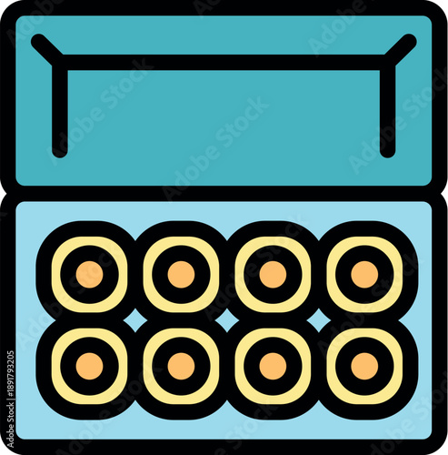 Eight small round batteries are neatly arranged inside an open box, ready to power various electronic devices