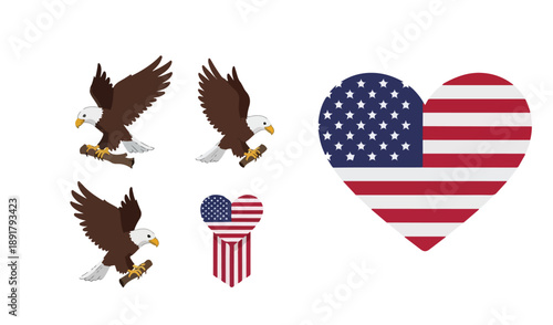 Scene showing Bald Eagle themed elements in 2D Flat vector illustration