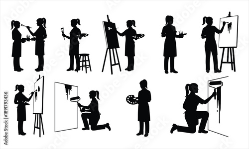 Female Artist Silhouettes Painting on Canvas – Creative Painter, Art Studio, and Drawing Activity Vector Illustration