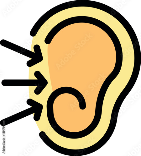 Stylized ear with three arrows pointing towards it, representing the concept of hearing, listening, or auditory perception