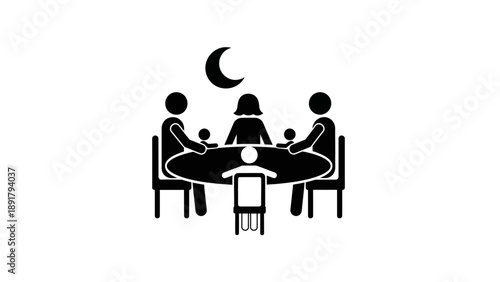Family gathered around dinner table under crescent moon.