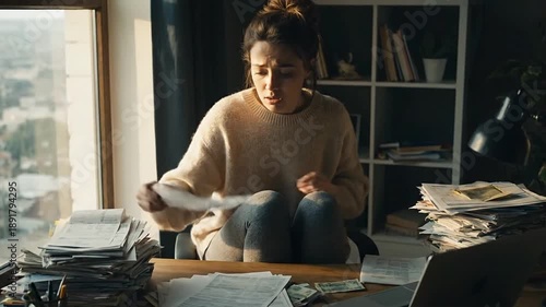 Woman working at desk with documents and laptop stressed expression