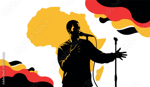 A silhouetted musician sings with a microphone superimposed against a stylized map of the african continent and german flag