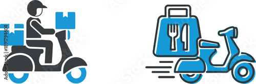 Food delivery service with courier on scooter and takeout bag