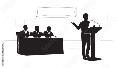 A stark black and white illustration depicts a speaker at a podium addressing a panel of three seated figures high quality