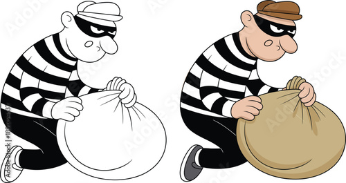 Cartoon-style illustration of a thief character in crouching pose with sack, shown in black-and-white and full-color versions for design contrast.