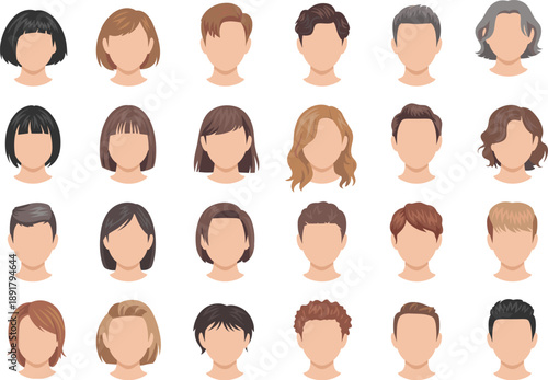 Collection of 25 illustrated headshots showcasing diverse hairstyles and colors, perfect for character design, avatar creation, or hairstyle reference visuals.