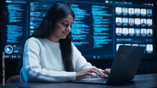 Woman working on laptop with data screens in a dark room setting