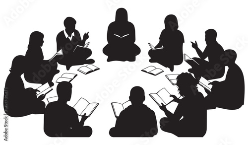 A group of silhouetted figures are seated in a circle intently reading books and engaging in discussion high quality professional