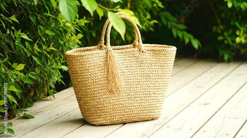 Woven straw bag on wooden deck against lush green foliage backdrop