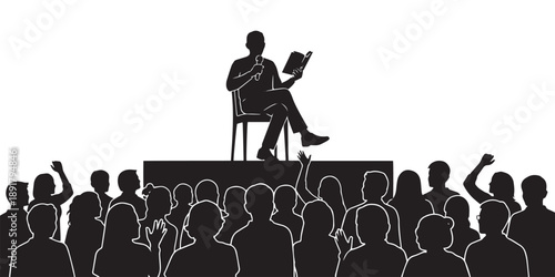 A silhouetted speaker passionately presents to a large audience captivating listeners with a book in hand on a stage