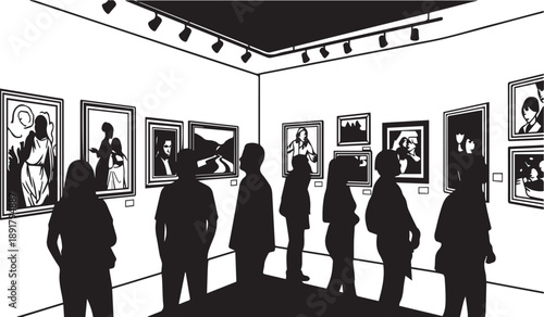 A black and white depiction of an art gallery shows silhouettes of people admiring framed artwork on a white wall