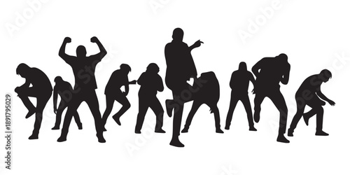 A dynamic silhouette illustration depicts a group of people joyfully jumping and celebrating with arms raised in excitement high quality