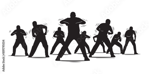 A dynamic silhouette illustration depicts a group of men energetically performing a synchronized dance or martial arts routine high quality