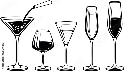 Vector illustrations of various elegant drinking glasses, including wine, martini, and champagne flutes, suitable for bar and beverage related designs