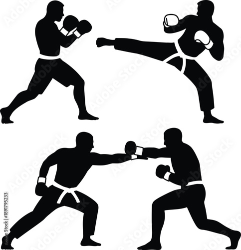 Black silhouettes of men boxing and kickboxing white background