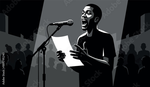 A dramatic illustration depicts a man passionately reciting poetry or performing spoken word on a stage with a microphone