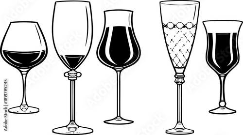 Collection of five distinct wine glasses, each showcasing a unique shape and design, elegantly rendered in a black and white vector illustration style