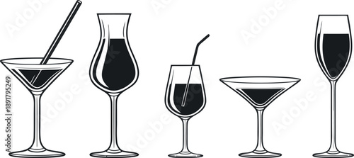 A Collection of Five Distinct Cocktail Glasses, Each Featuring a Unique Silhouette and Filled with Dark Liquid, Presented in a Vector Illustration Style
