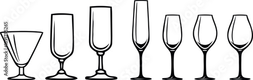 Elegant collection of diverse drinkware, featuring various wine glasses, champagne flutes, and martini glasses in a clean vector outline illustration, suitable for beverage-themed designs