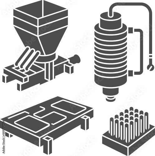 Industrial manufacturing with mixer, extruder, mold and pins icons set