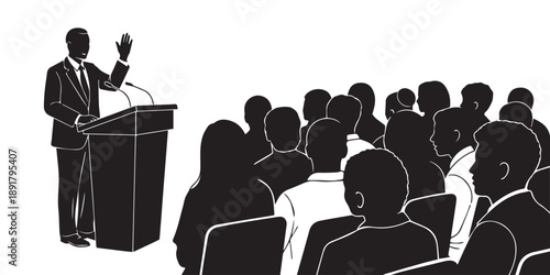 A silhouetted speaker addresses a large audience from a podium delivering a presentation or speech in a formal setting