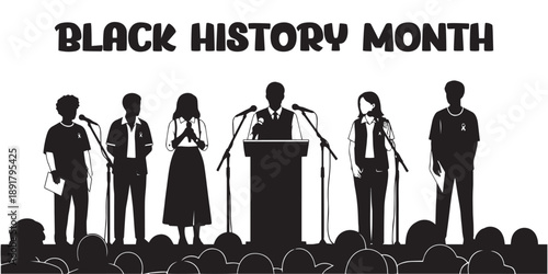A black and white illustration depicts a group of silhouetted figures giving speeches before a crowd celebrating black history month