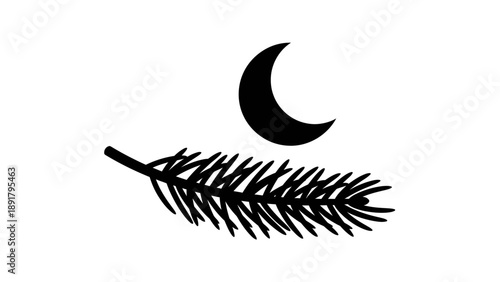 Simple black silhouette of crescent moon and pine tree branch.