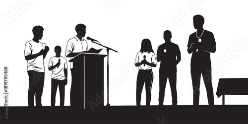 A black and white silhouette depicts a group of people including a speaker at a podium seemingly engaged in a presentation or event