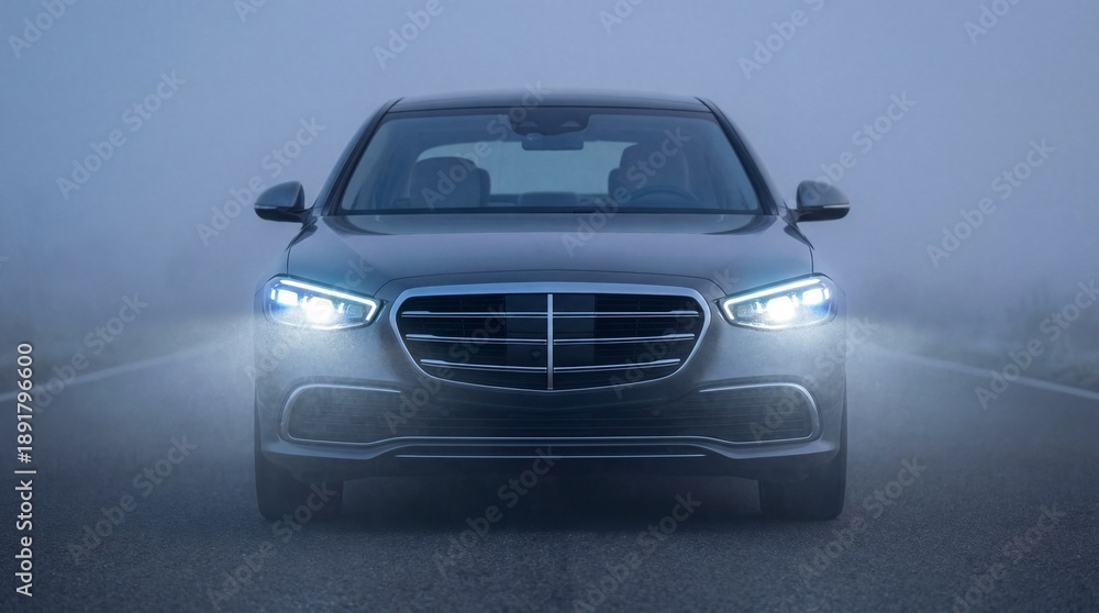 Fototapeta premium Front view of a grey luxury sedan driving on a road in heavy blue fog. Bright LED headlights illuminate the mist, symbolizing safety and modern technology in adverse weather conditions.