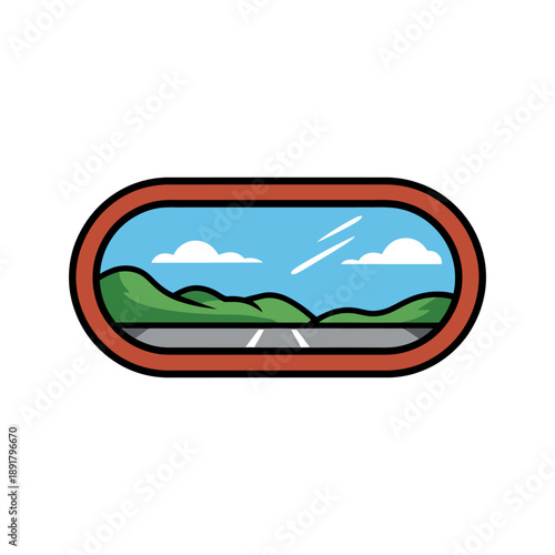 Road Trip Landscape View Icon. A minimalist vector illustration depicting a scenic road trip view, framed like a car s rearview mirror or window.