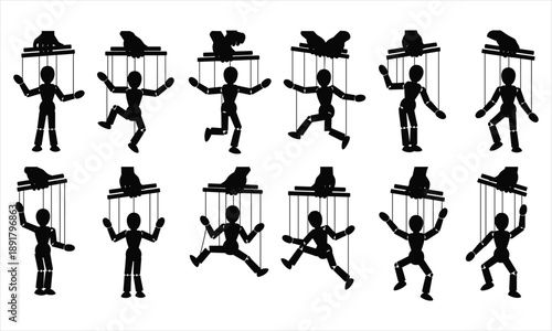 Silhouettes of Human Puppets Controlled by Strings – Concept of Manipulation, Power, and Leadership Vector Illustration