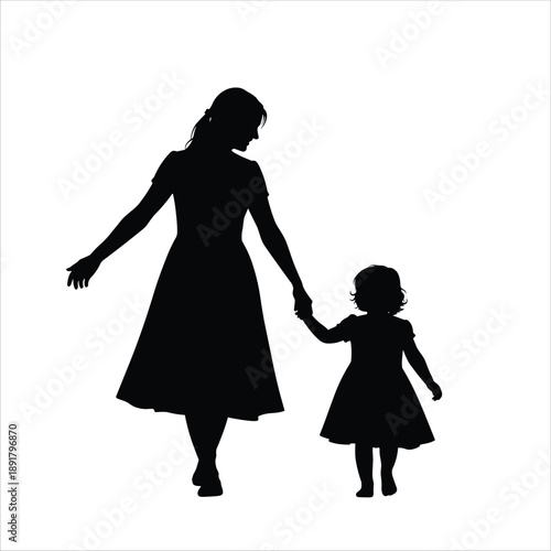 Mother and Daughter Silhouette Walking and Holding Hands – Family Love, Parenthood, and Care Concept Vector Illustration