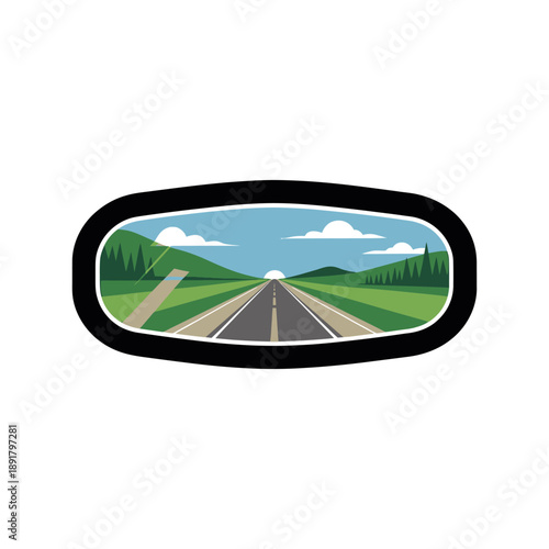 Road Trip Landscape View Icon. A minimalist vector illustration depicting a scenic road trip view, framed like a car s rearview mirror or window.
