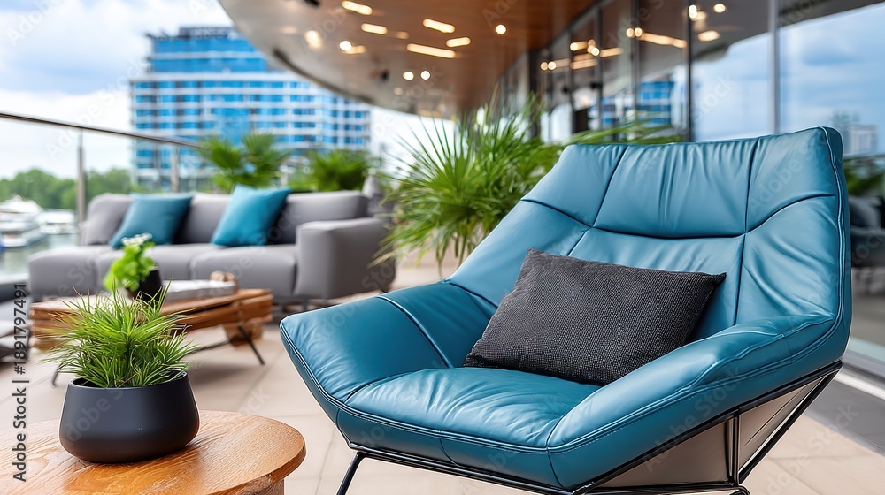 Fototapeta premium A blue leather chair with a black pillow on it sits on a balcony overlooking a city. The chair is surrounded by potted plants and a table with a vase on it. Concept of relaxation and luxury