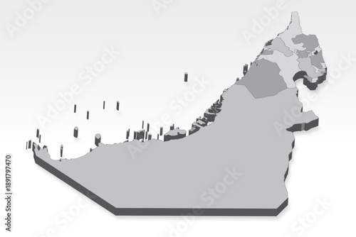 3D  United Arab Emirates map with all states in gray. Three dimensional map UAE with shadow  on white background for your design, app, UI.  EPS10.