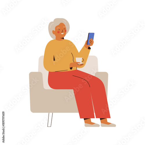 elderly woman sits in armchair with cup of coffee and talking via video call. grandmother using mobile phone for conversation. Vector illustration