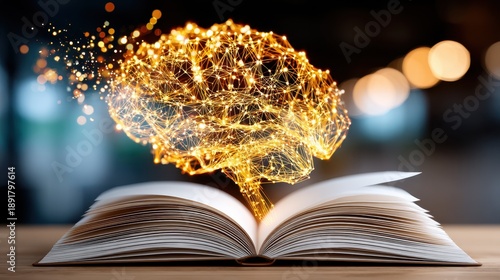 A book is open to a page with a brain on it. The brain is glowing and surrounded by a glowing aura. Concept of wonder and curiosity about the brain and its functions