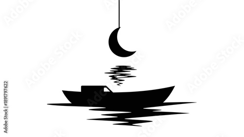 a black silhouette of a boat on water with a crescent moon.