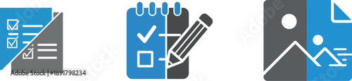 Business productivity icons with checklist, notebook, and mountain