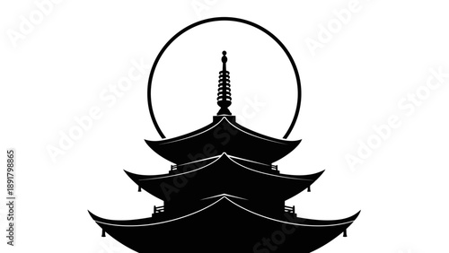 Silhouette of a traditional Japanese pagoda with multiple tiers and a circular halo.