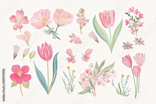 Watercolor spring flower illustrations featuring tulips, blossoms, and greenery on a light background, ideal for logo design and branding