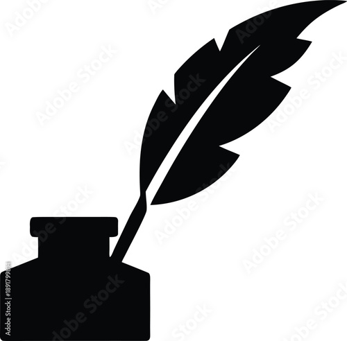 quill pen dipped in inkwell silhouette vector illustration on transparent background