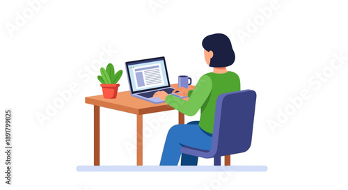 A person works on a laptop at a desk with a plant and coffee